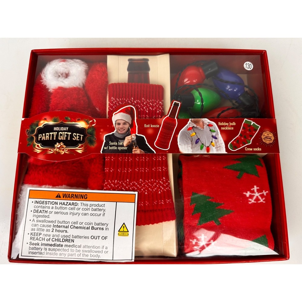 Holiday Party Gift Set SANTA HAT BOTTLE OPENER KNIT KOOZIE  BULB NECKLACE&SOCKS